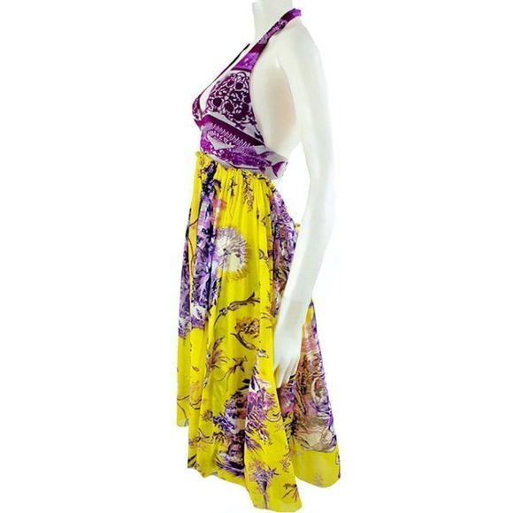 1990's JEAN PAUL GAULTIER Mythical Print Yellow and Purple Vintage Halter Dress - Picture 8 of 11